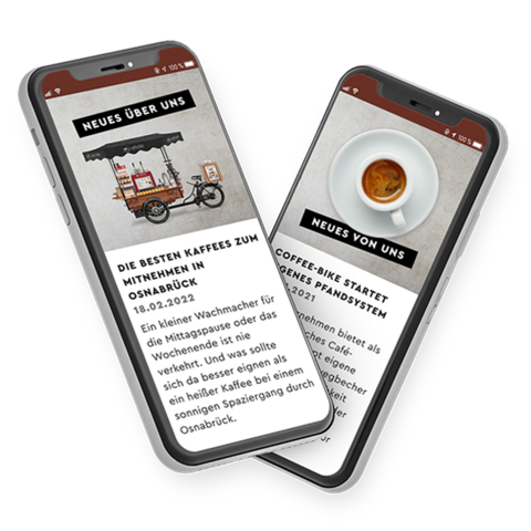 Zwei schwarze Smartphones mit Coffee-Bike Pressebeiträgen auf den Bildschirmen