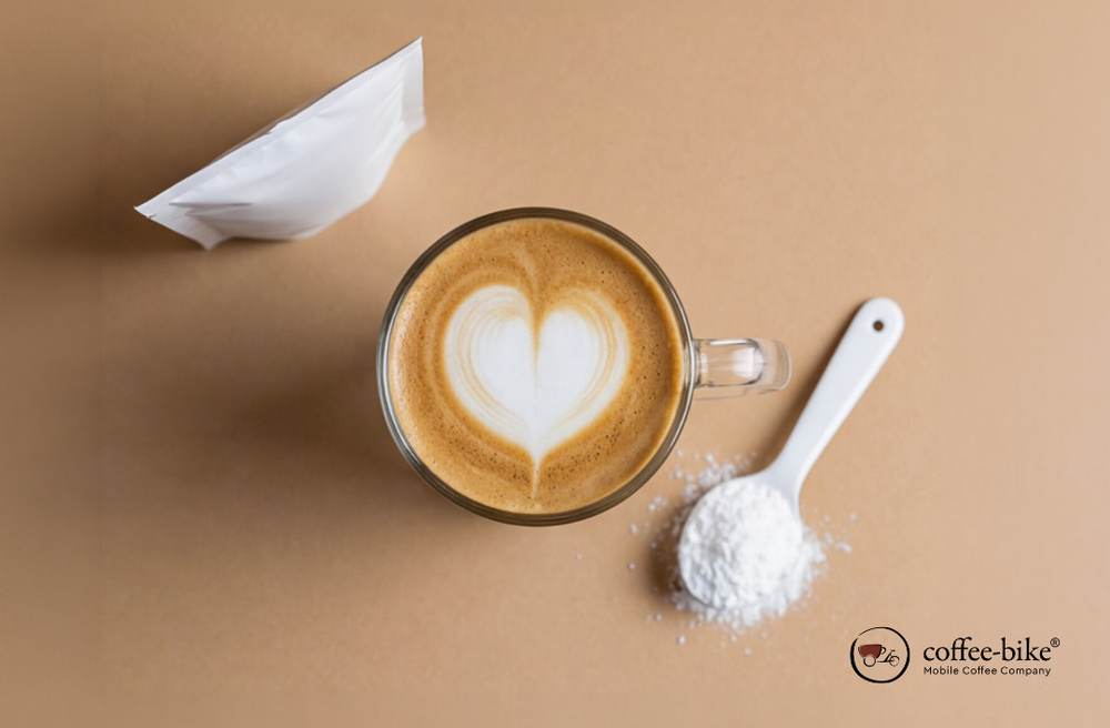 Weißen Kollagen Pulver was neben einem Kaffee liegt