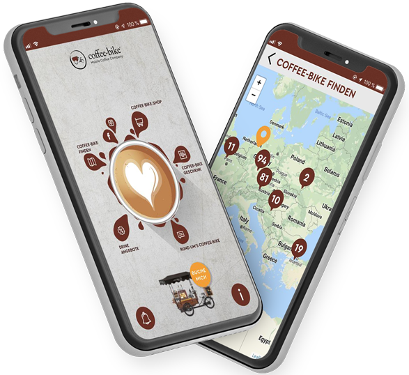 Zwei schwarze Smartphones mit einer interaktiven Map der Live-Standorte aller Coffee-Bikes und dem Startbildschirm der Coffee-Bike App