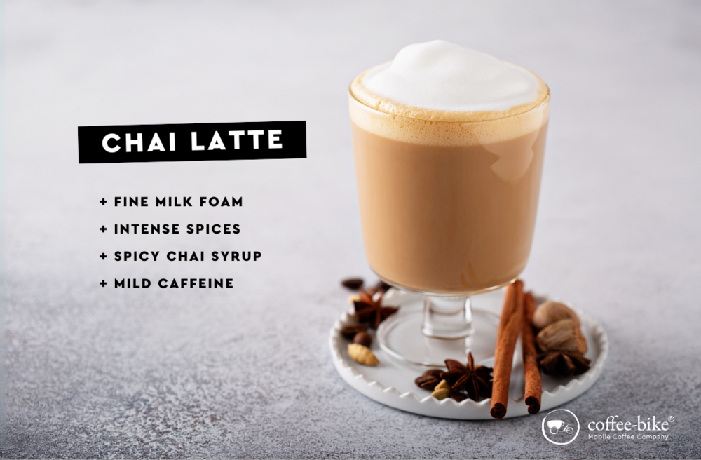 Chai Latte with delicate milk foam, gentle caffeine content and rich spices.