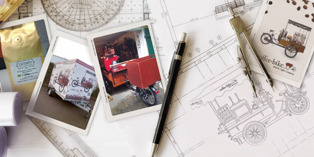 Das Coffee-Bike wird entwickelt. Pläne und Zeichnungen zeigen den Prototypen des Coffee-Bikes.