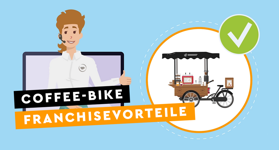 An illustrative picture with the text “Coffee-Bike Franchise Advantages” and a lady wearing a headset and pointing at a Coffee-Bike.