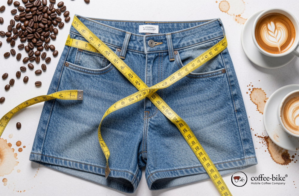 Kaffee und abnehmen. Jeans mit Maßband und Kaffee.