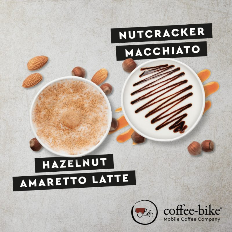 Winter Specials Hazelnut Amaretto Latte und Nutcracker Macchiato  auf Steinhintergrund mit Coffee-Bike Logo rechts unten