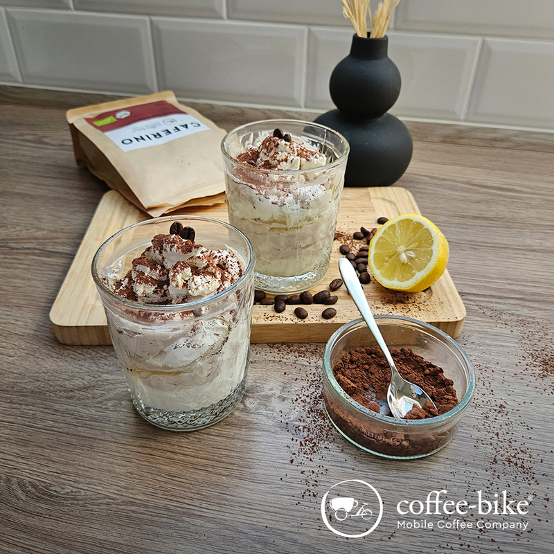 Dessert cream on a board, coffee powder and beans