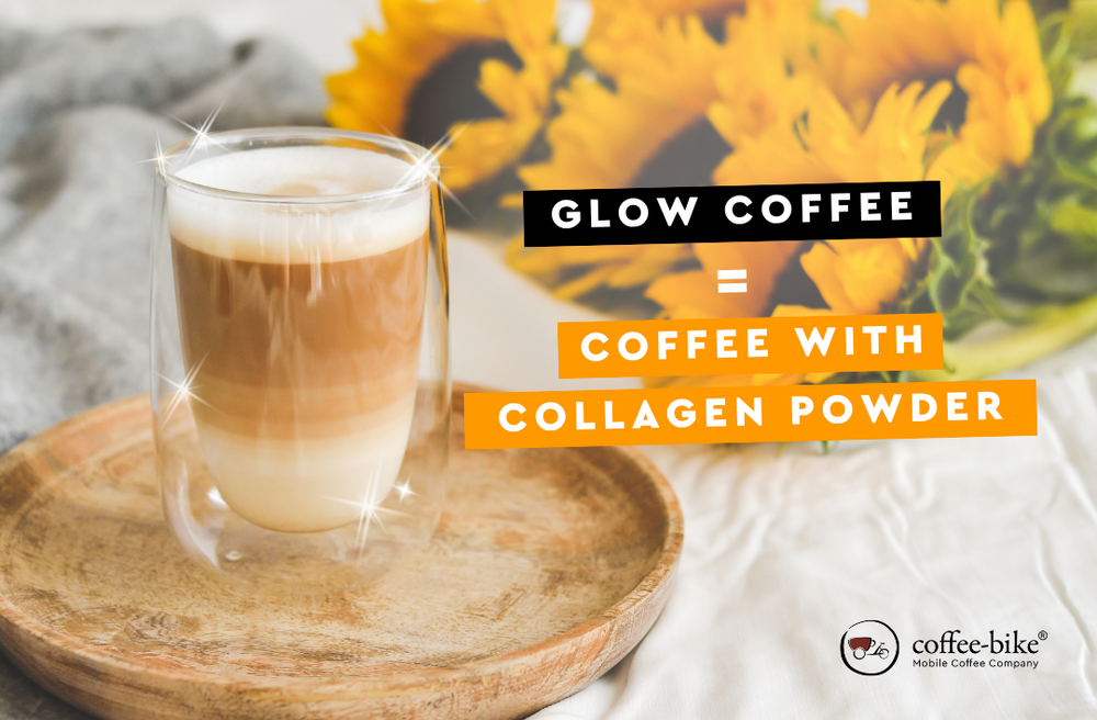 Glow Coffee, also known as collagen coffee, with sunflowers in the background