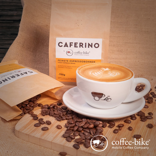 A cup of cappuccino stands in front of two packs of coffee beans