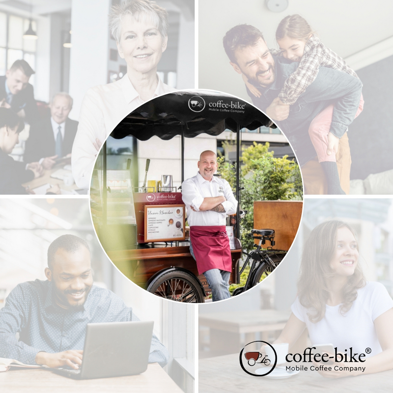 A woman in an office, a family man, a man sitting at a laptop, a woman with a coffee, and a Coffee-Biker in the middle
