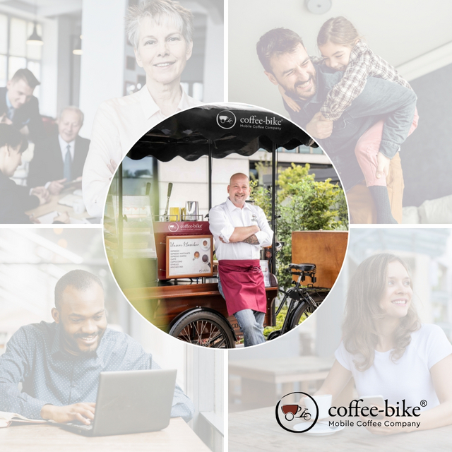 A woman in an office, a family man, a man sitting at a laptop, a woman with a coffee, and a Coffee-Biker in the middle