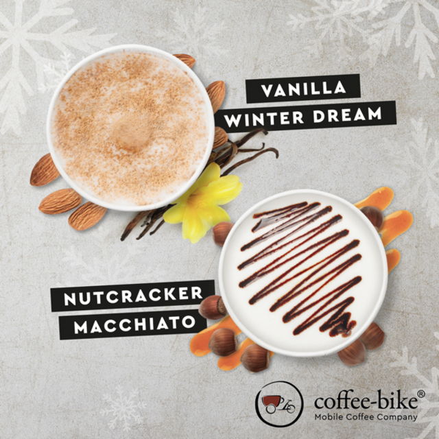 Winter Specials Nutcracker Macchiato und Vanilla Winter Dream auf Steinhintergrund, rechts unten das Coffee-Bike Logo