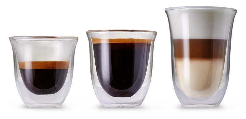 Three glasses filled with espresso, coffee and latte macchiato next to each other