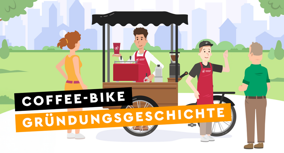 An illustrative picture of a coffee bike where two baristas are making coffee. Customers are standing in front of it. A lettering with stands in front of it: Coffee-Bike founding story.