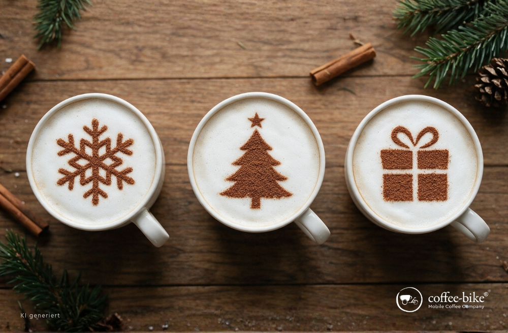 Kaffee mit Zimtmustern einer Schneeflocke, einem Weihnachtsbaum und einem Geschenk