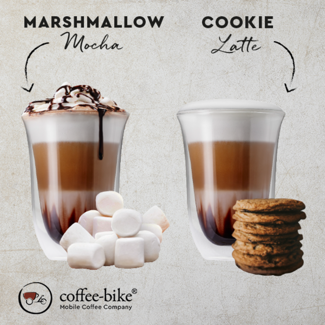 Winter Specials Marshmallow Mocha und Cookie Latte auf Steinhintergrund mit Coffee-Bike Logo links unten