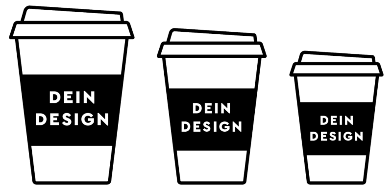 Drei illustrierte Einwegbecher mit Deckel und Banderolen in schwarz, auf denen Dein Design steht