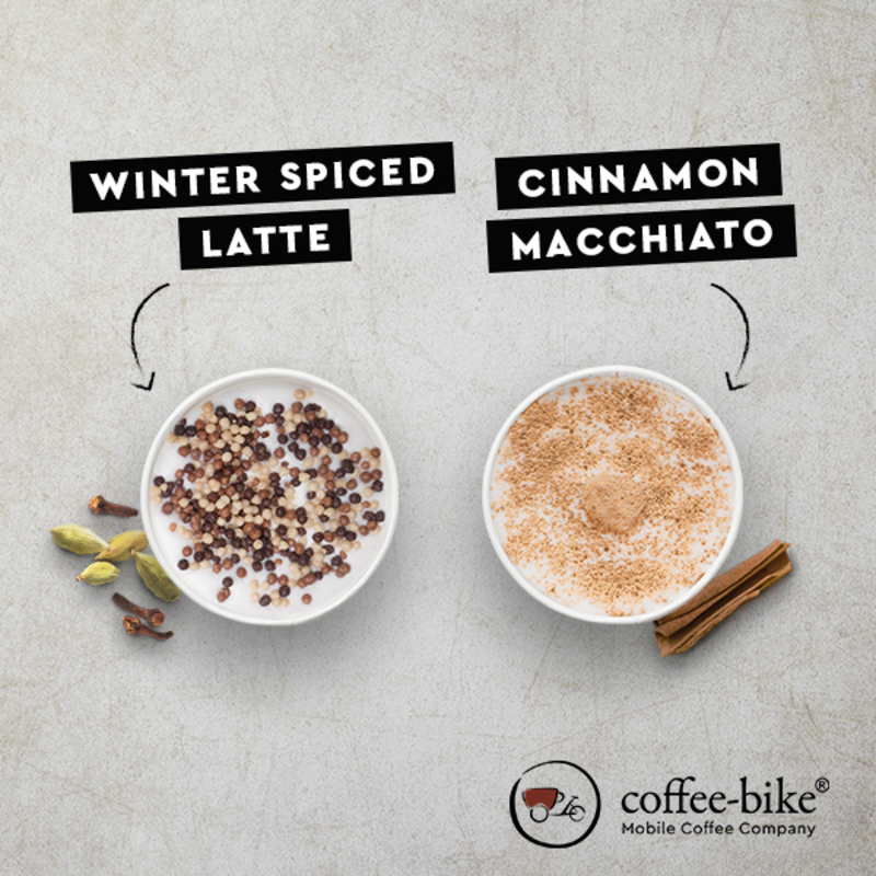 Winter Specials Winter Spiced Latte and Cinnamon Macchiato on stone background with Coffee-Bike logo on bottom right side