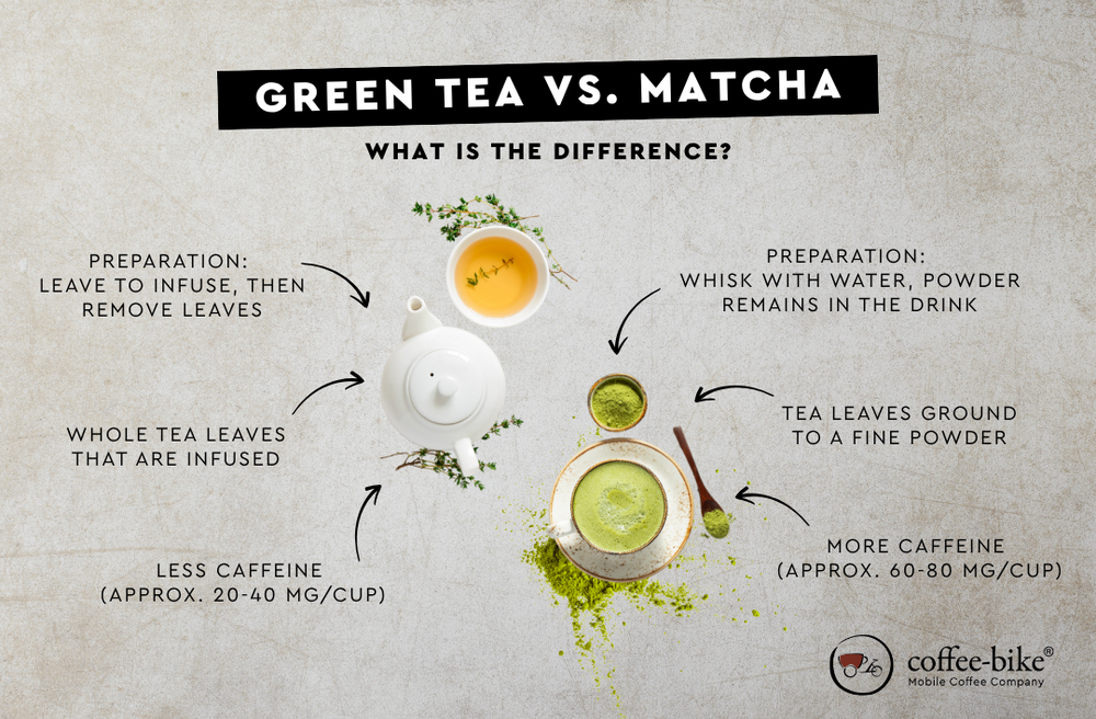 Infographic Green tea vs. matcha, differences in preparation and caffeine