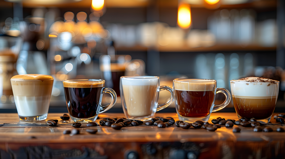 Unterschiedliche Kaffeesorten wie Kaffee mit Milch oder Kaffee schwarz im Kalorienvergleich.