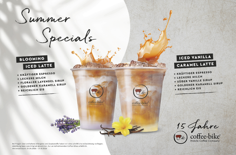 Summer Specials 2026 von Coffee Bike mit dem Blooming Iced Latte und dem Iced Vanilla Caramel Latte