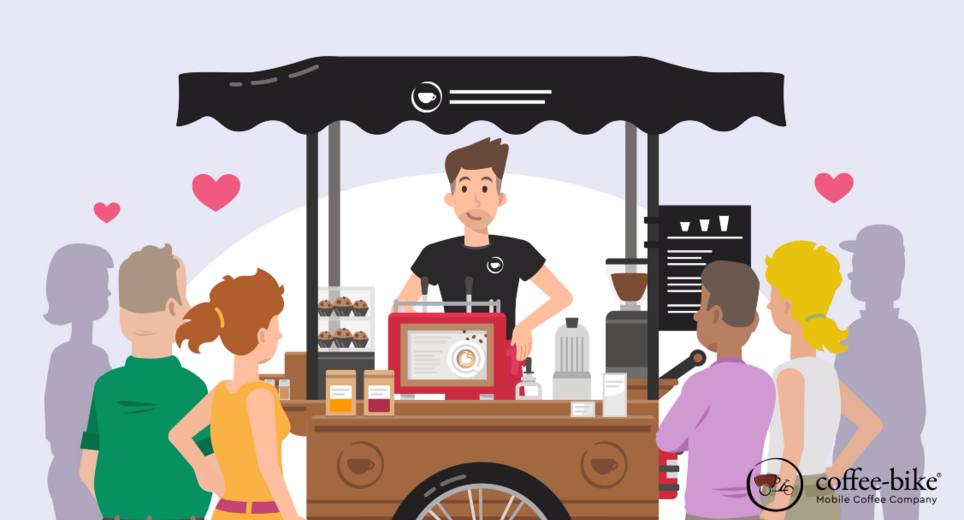 An illustrative picture of a Coffee-Bike franchise partner standing behind the Coffee-Bike and many customers in front of the bike admiring the Coffee-Bike.