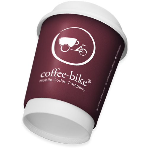 Dark red disposable cup with lid and white Coffee-Bike logo