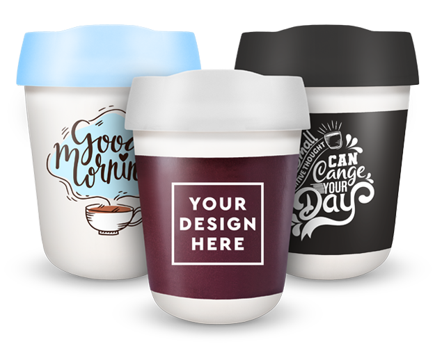 Three reusable cups with lids in blue, black and white with different colorful illustrations