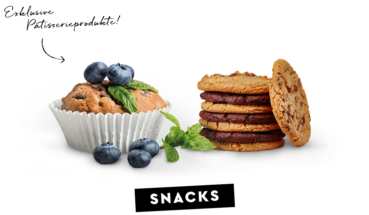 Blaubeermuffin neben einem Cookiestapel aus Vollmilch und Double Chocolate Cookies über dem Titel Snacks