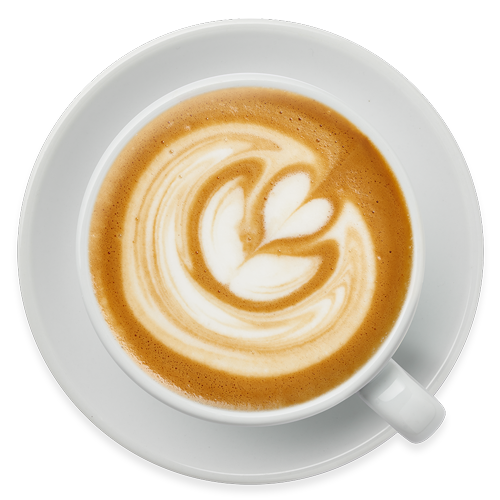 Weiße Cappuccino Tasse und Untertasse mit Latte Art Doppelherz Füllung aus der Vogelperspektive
