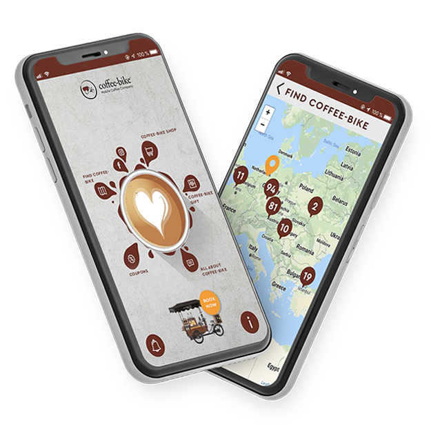 Two black smartphones with an interactive map of the live locations of all Coffee-Bikes and the home screen of the Coffee-Bike app
