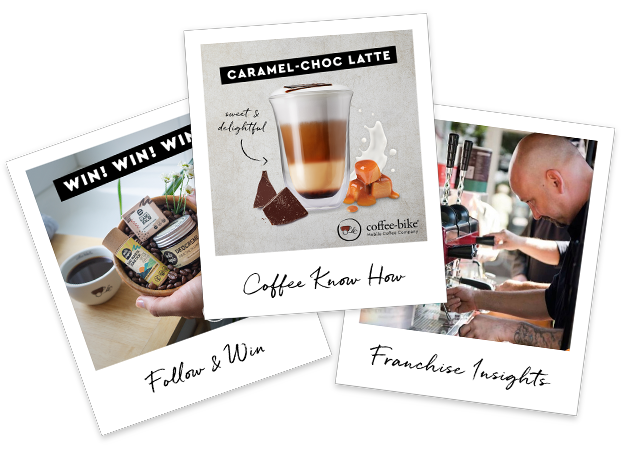 Three Polaroids with social media posts, raffle posts and a Coffee-Bike Barista in action at the Coffee-Bike machine.